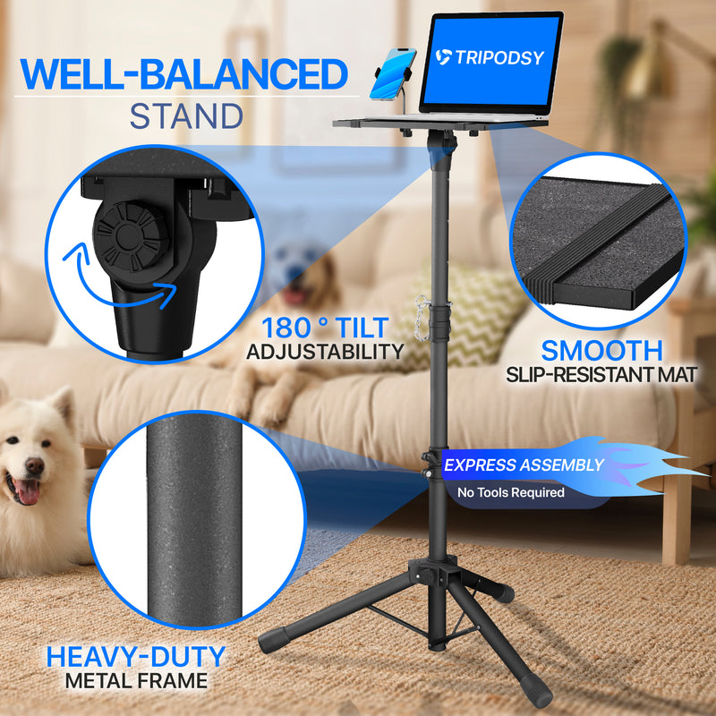 TRIPODSY Projector Tripod Stand with Adjustable Height, Standing Laptop Floor Riser, Portable Multifunctional Space Saver Desk
